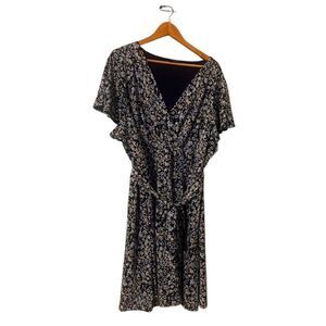 Lane Bryant Women's 26/28 Flutter Sleeve Dress Blue Paisley Microfloral Belted